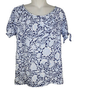 Talbots T-Shirt Women XS Top Short Tie Sleeve Floral Pima Cotton Blue Round Neck